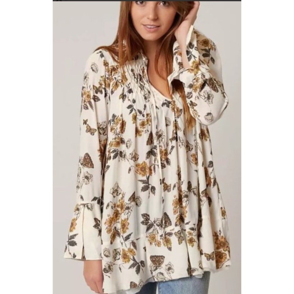Free People Pebble Crepe So Fine Smocked Tunic Boho Floral Romantic Flowy XSmall